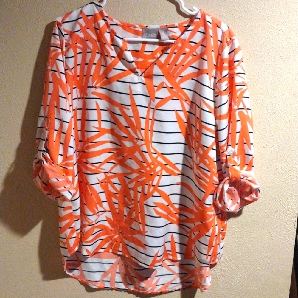 Chico's Stripped and Palm Pullover 3/4 Sleeved High-Low Beachy Top 2/L